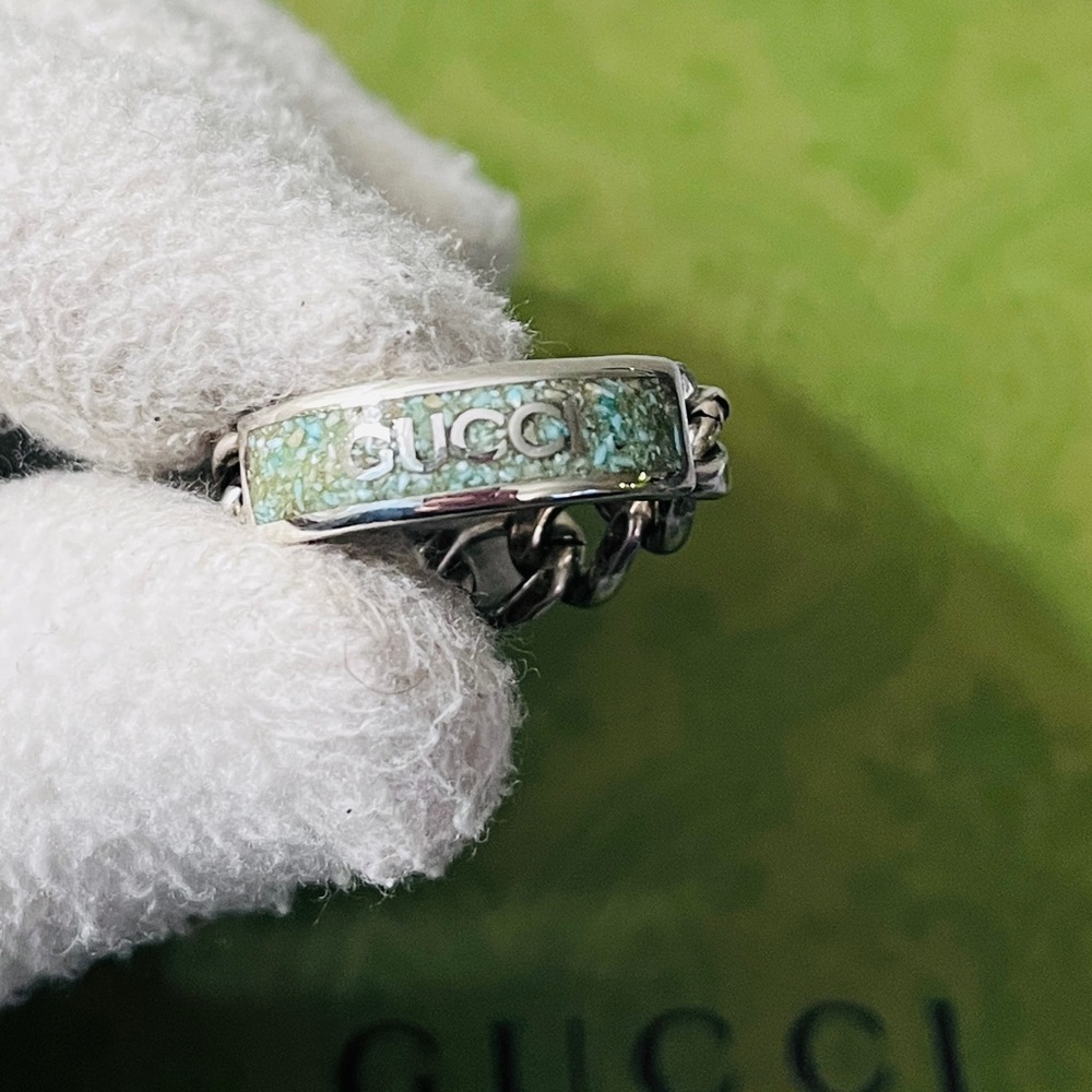 Brand New Gucci Sterling Silver Howlite Enamel Chain Ring - Size 23 US XL 10.25 - Picture 7 of 10